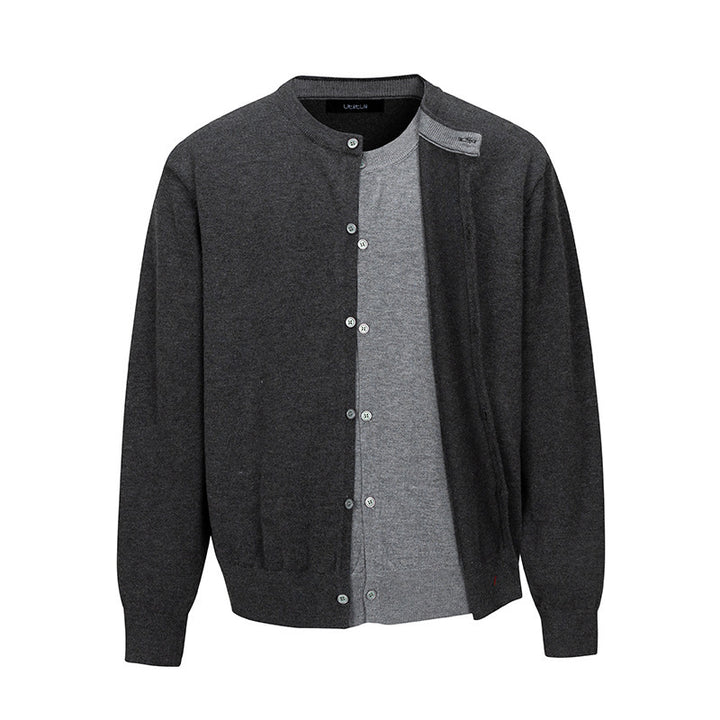 Herren Feinstrick-Cardigan mit zweilagiger Optik, Rundhalsausschnitt und durchgehender Knopfleiste Drune