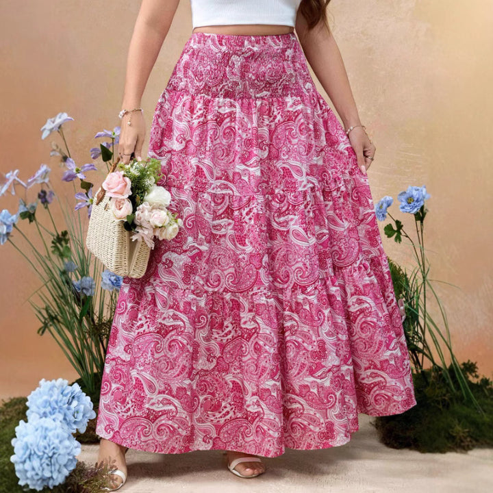 Damen maxi Rock mit voluminösem Volant und floralen Paisley-Muster Drune
