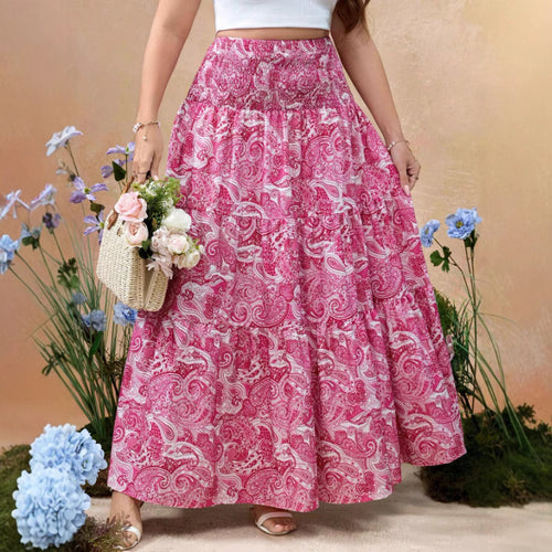 Damen maxi Rock mit voluminösem Volant und floralen Paisley-Muster Drune