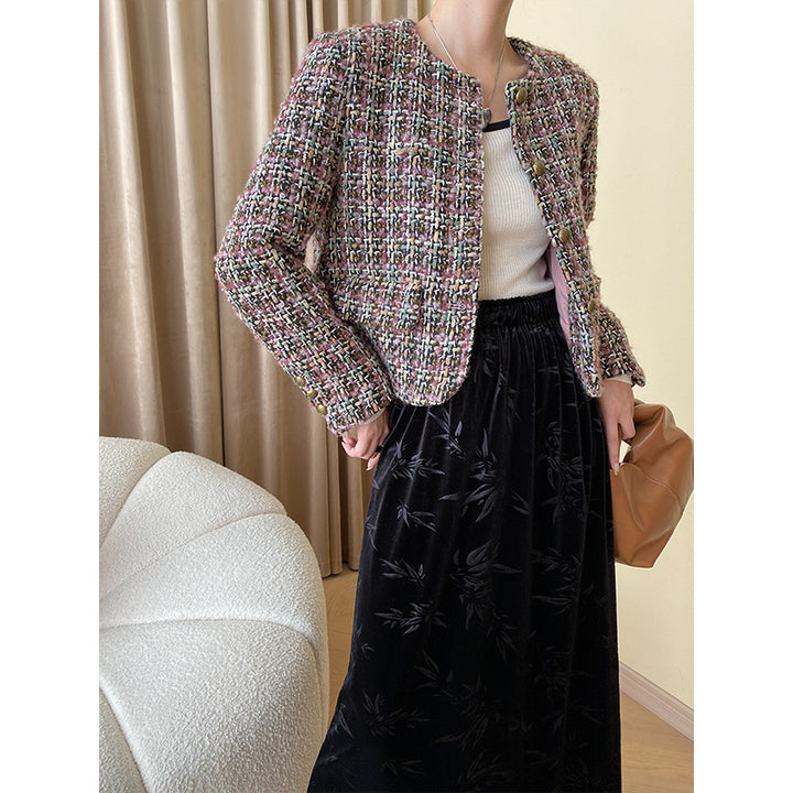 Damen eleganter Boucle-Jacke mit strukturiertem Stoff und Symbolknöpfen Drune