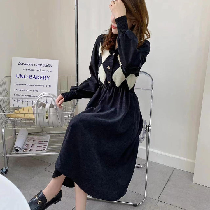 Damen Strickkleid mit modernem Rautenmuster und Puffärmeln Drune