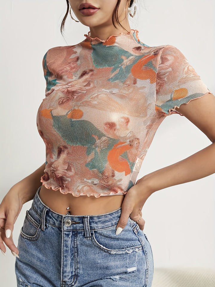 Damen nan figurnahes transparentes Mesh-Top mit barockem Engeldruck, Stehkragen und Kräuselsaum Drune