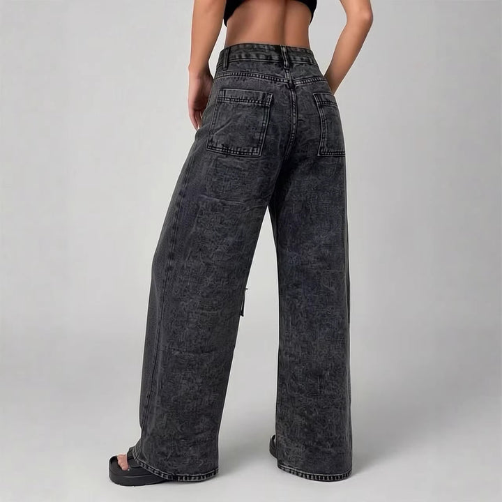 Damen nan High‑Waist Utility-Denimhose mit aufgesetzten Knie-Patches, Cargo‑Taschen und weitem Schlag Drune