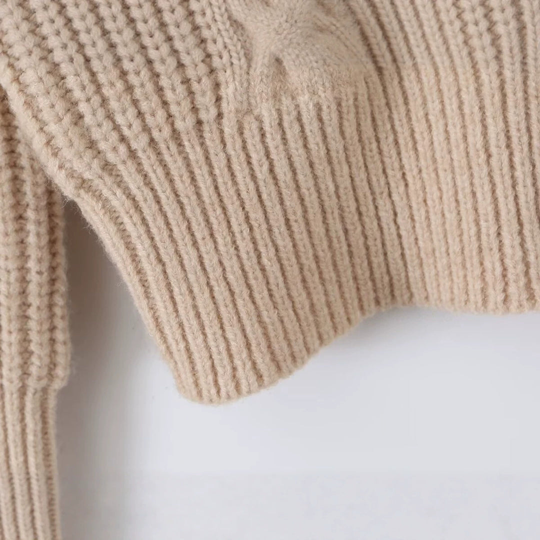 Damen Grobstrickpullover mit Zopfmuster und halbem Reißverschlusskragen Drune