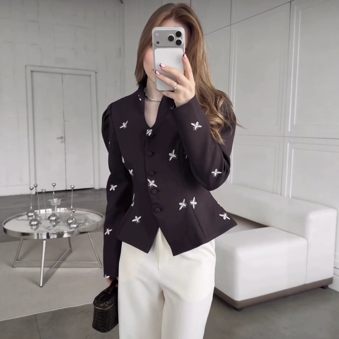 Damen Taillierter Peplum‑Blazer mit geschwungenem Stehkragen und Puffschulter‑Details Drune