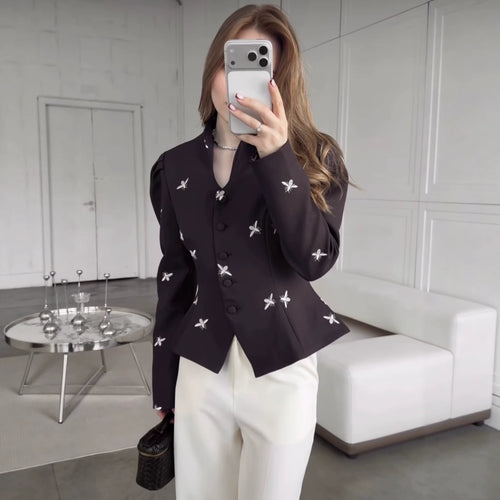 Damen Taillierter Peplum‑Blazer mit geschwungenem Stehkragen und Puffschulter‑Details Drune