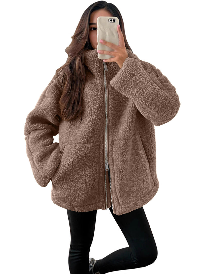 Damen nan oversized Teddyfleece Jacke mit Stehkragen und durchgehendem Reißverschluss Drune
