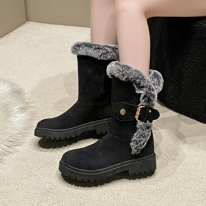 Damen Warmfutter-Stiefel mit modischem Fellkragen und eleganter Schnalle Drune