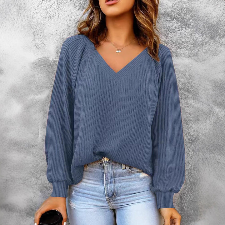 Damen Feinstruktur-Strickpullover mit V-Ausschnitt, Ballonärmeln und Rippbündchen Drune