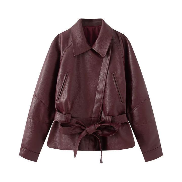 Damen taillierte Lederjacke mit Bindegürtel und überschnittener Schulter Drune