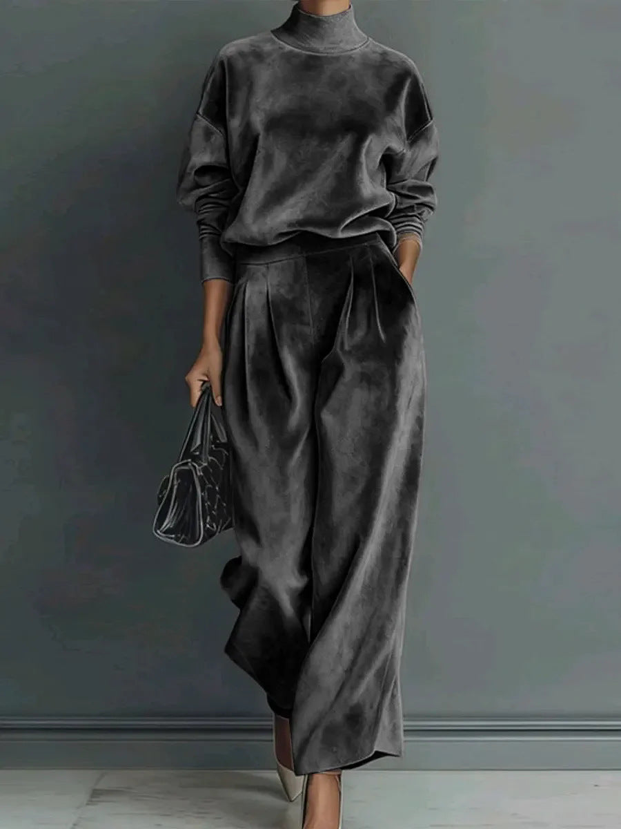 Damen Samt-Lounge-Set mit Rollkragenpullover und weiter Plissee-Hose Drune