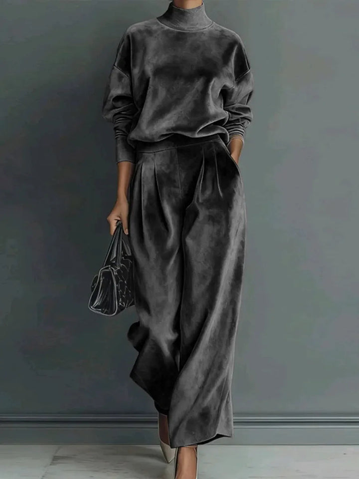 Damen Samt-Lounge-Set mit Rollkragenpullover und weiter Plissee-Hose Drune