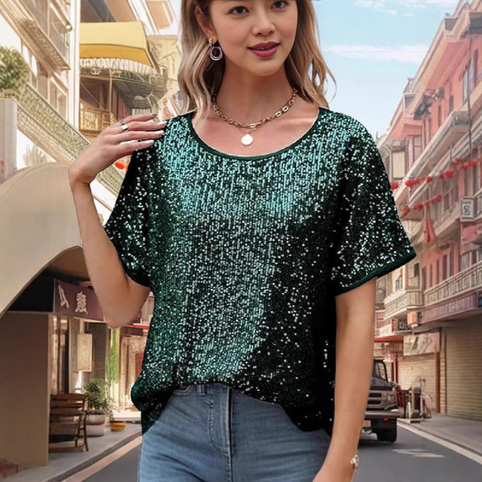 Damen Glitzernde Kurzarm-Bluse Drune