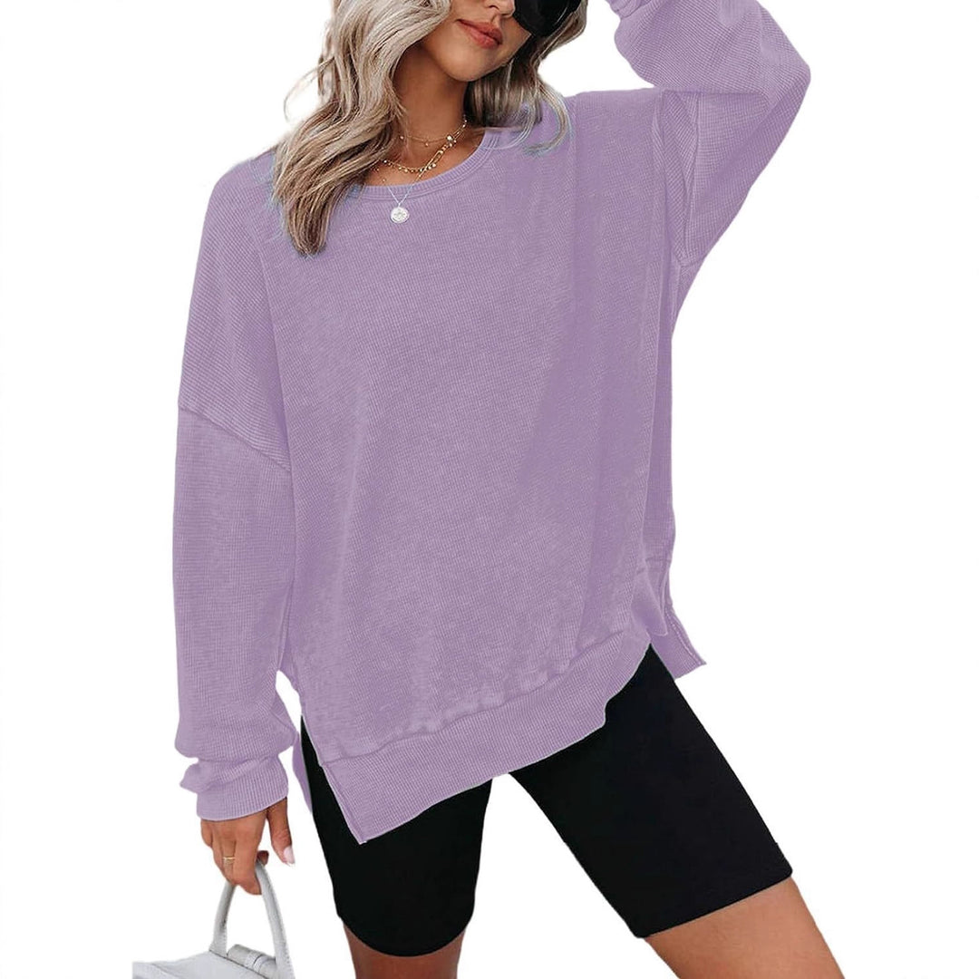Damen Lässiger Waffelpullover mit modernen Seitenschlitzen Drune