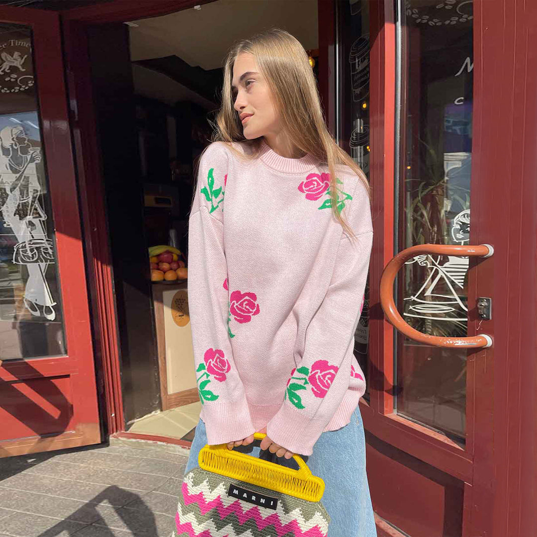 Damen Gemusterter Strickpullover mit floralem Design und lockerer Passform Drune