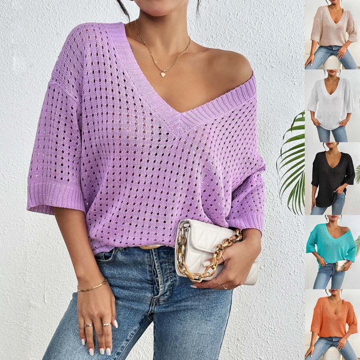 Damen luftiger Strickpullover mit V-Ausschnitt und dekorativem Lochmuster Drune