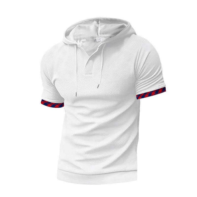 Herren nan schmal geschnittenes Kurzarm-Kapuzenshirt im Polostil mit Henley-Ausschnitt und karierter Ärmelmanschette Drune