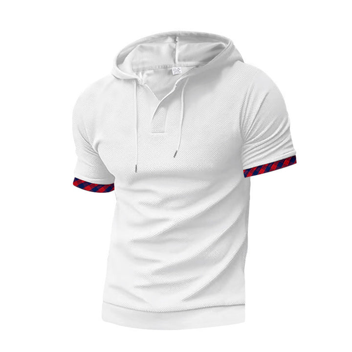 Herren nan schmal geschnittenes Kurzarm-Kapuzenshirt im Polostil mit Henley-Ausschnitt und karierter Ärmelmanschette Drune