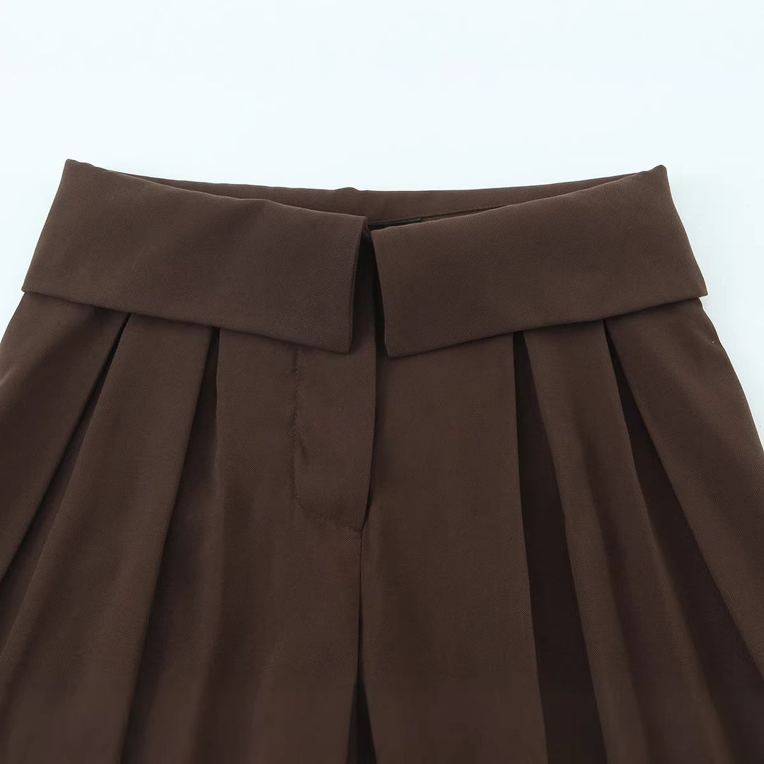 Damen Weite Hochtaillierte Stoffhose mit Umschlagbund und Bügelfalten Drune