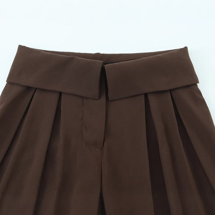 Damen Weite Hochtaillierte Stoffhose mit Umschlagbund und Bügelfalten Drune
