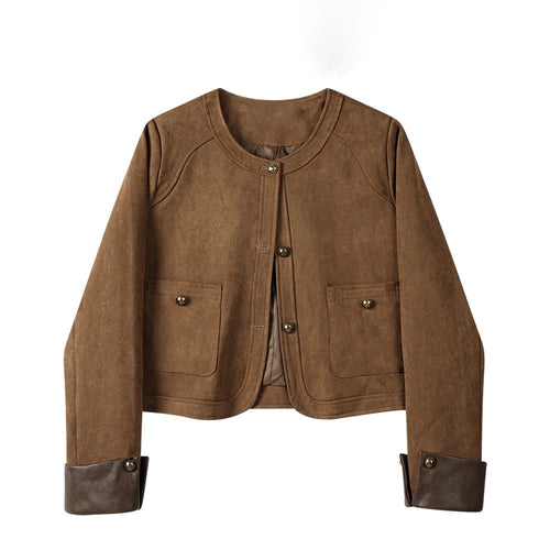 Damen Kurzjacke aus Veloursleder mit Rundhals, aufgesetzten Taschen & Umschlagmanschetten Drune