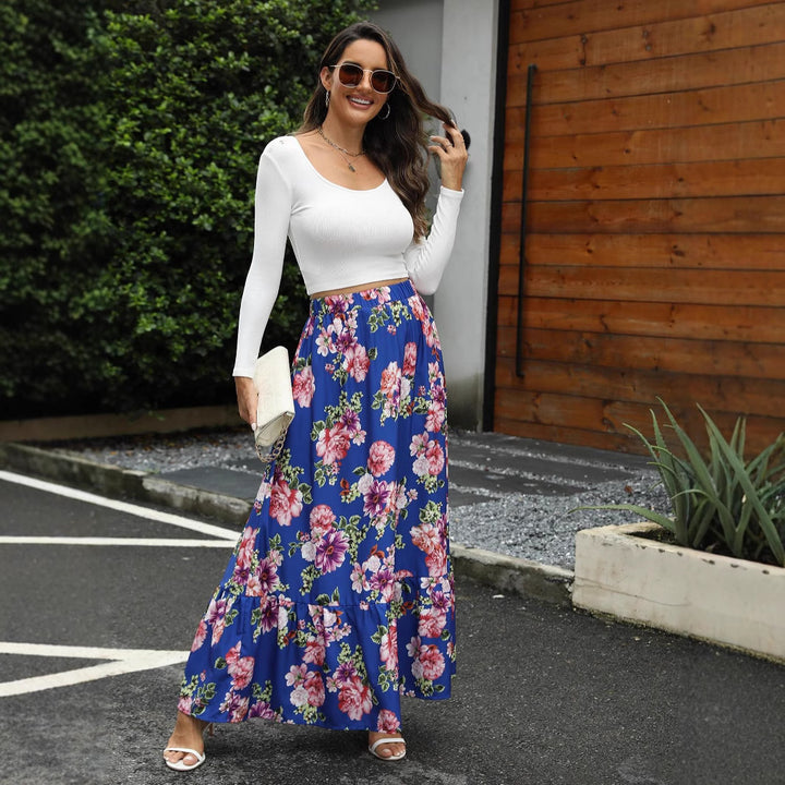Damen Maxi-Rock mit floralen Volantdetails und elastischem Bund Drune