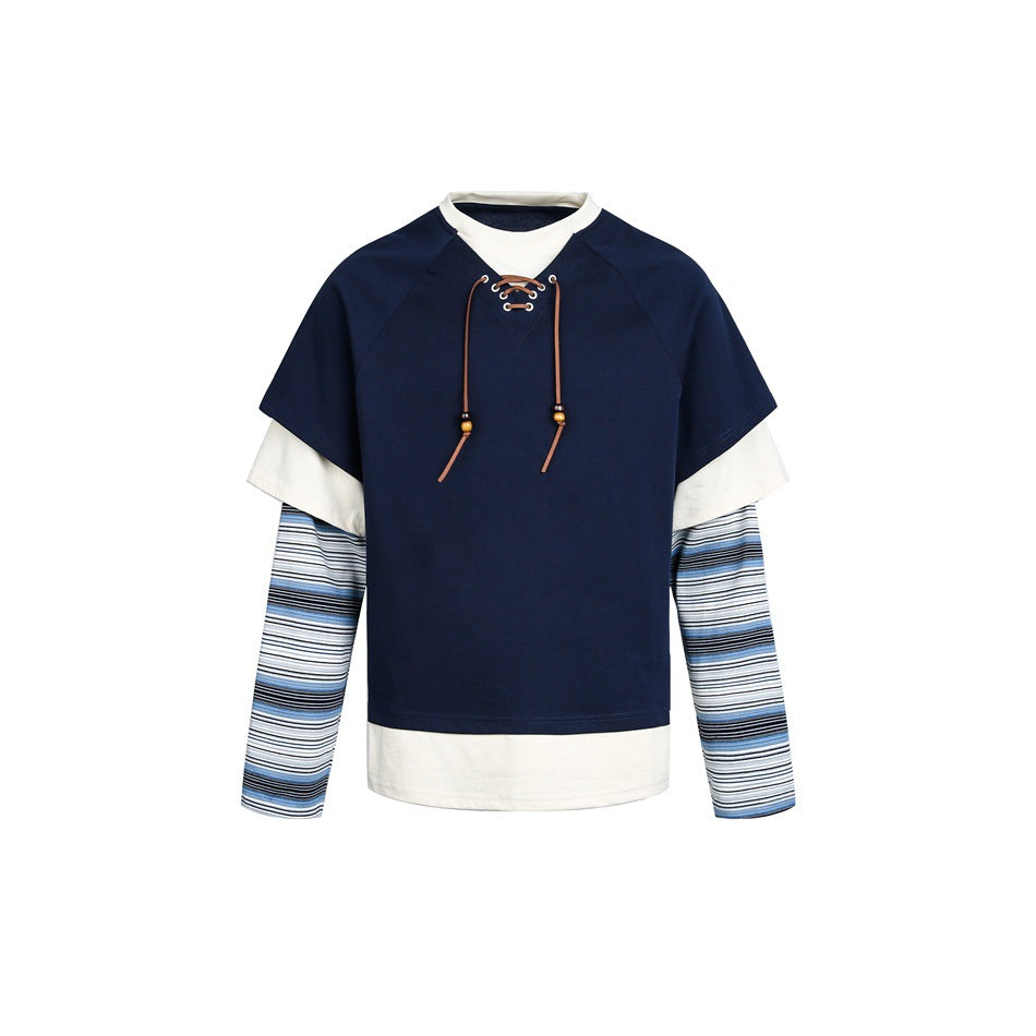 Damen Lagenlook-Sweatshirt mit Schnürung, gestreiften Ärmel-Einsätzen und asymmetrischem Saum Drune