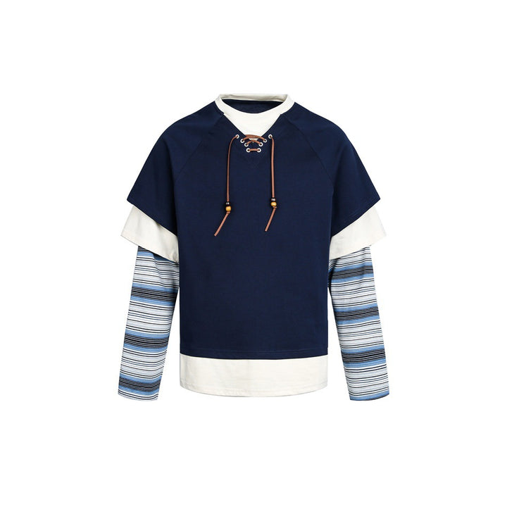 Damen Lagenlook-Sweatshirt mit Schnürung, gestreiften Ärmel-Einsätzen und asymmetrischem Saum Drune