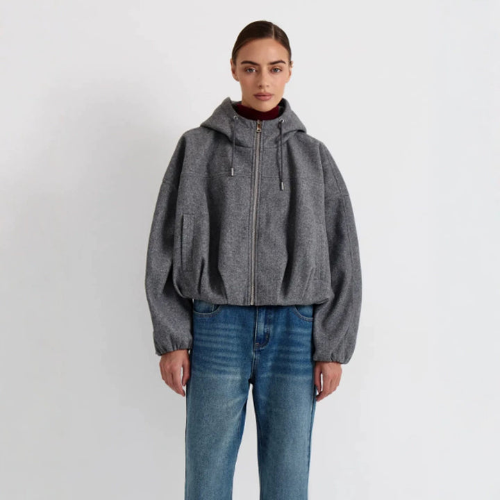 Damen Kurzjacke aus Wollmix mit Kapuze, kastiger Boxy‑Silhouette & gerafftem Saum Drune