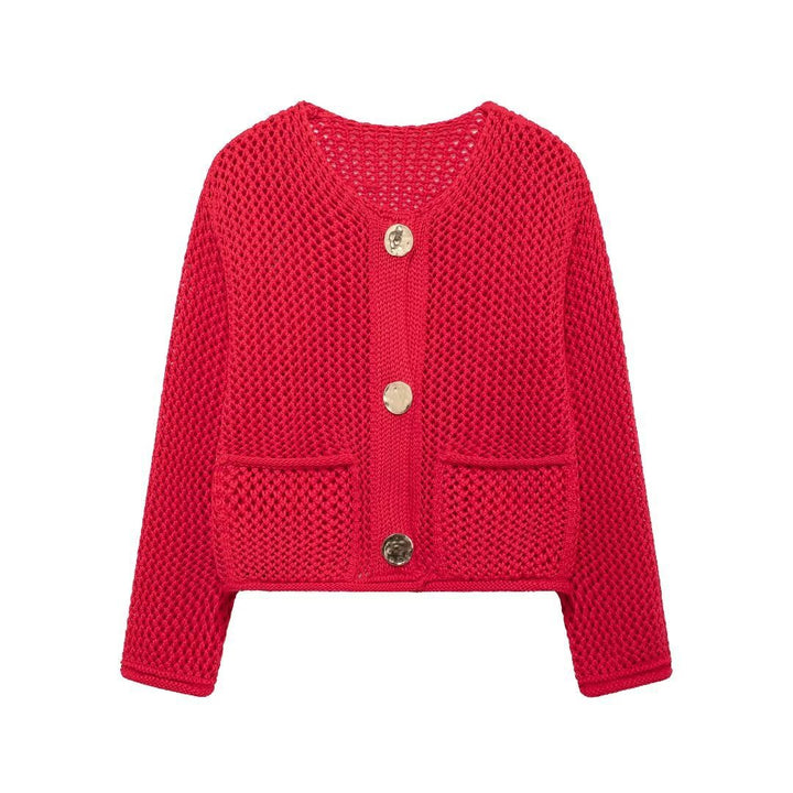Damen luftiger Strickjacke mit dekorativem Netzdesign und praktischen Taschen Drune