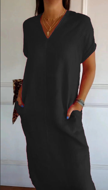 Damen Viskose-Leinen Kleid mit tiefem V-Ausschnitt und praktischen Taschen Drune