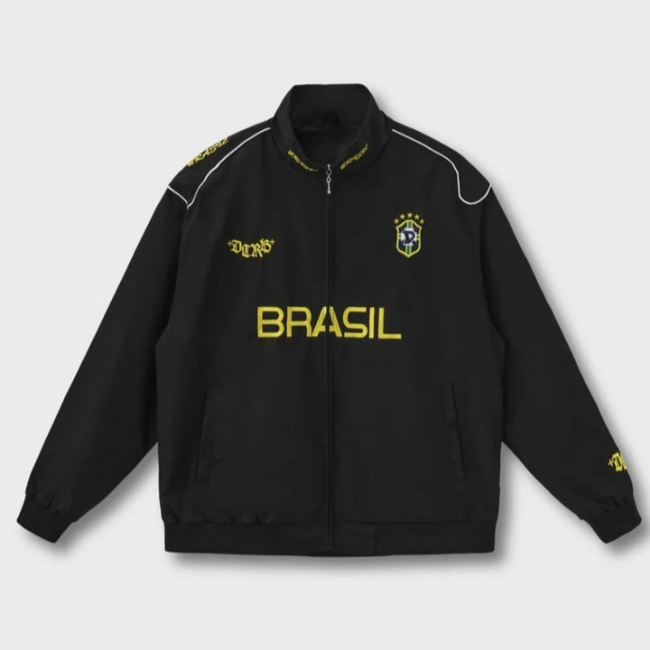 Unisex nan sportliche Retro-Trainingsjacke mit Stehkragen Reißverschluss Brustemblem und Brasilien-Schriftzug Drune