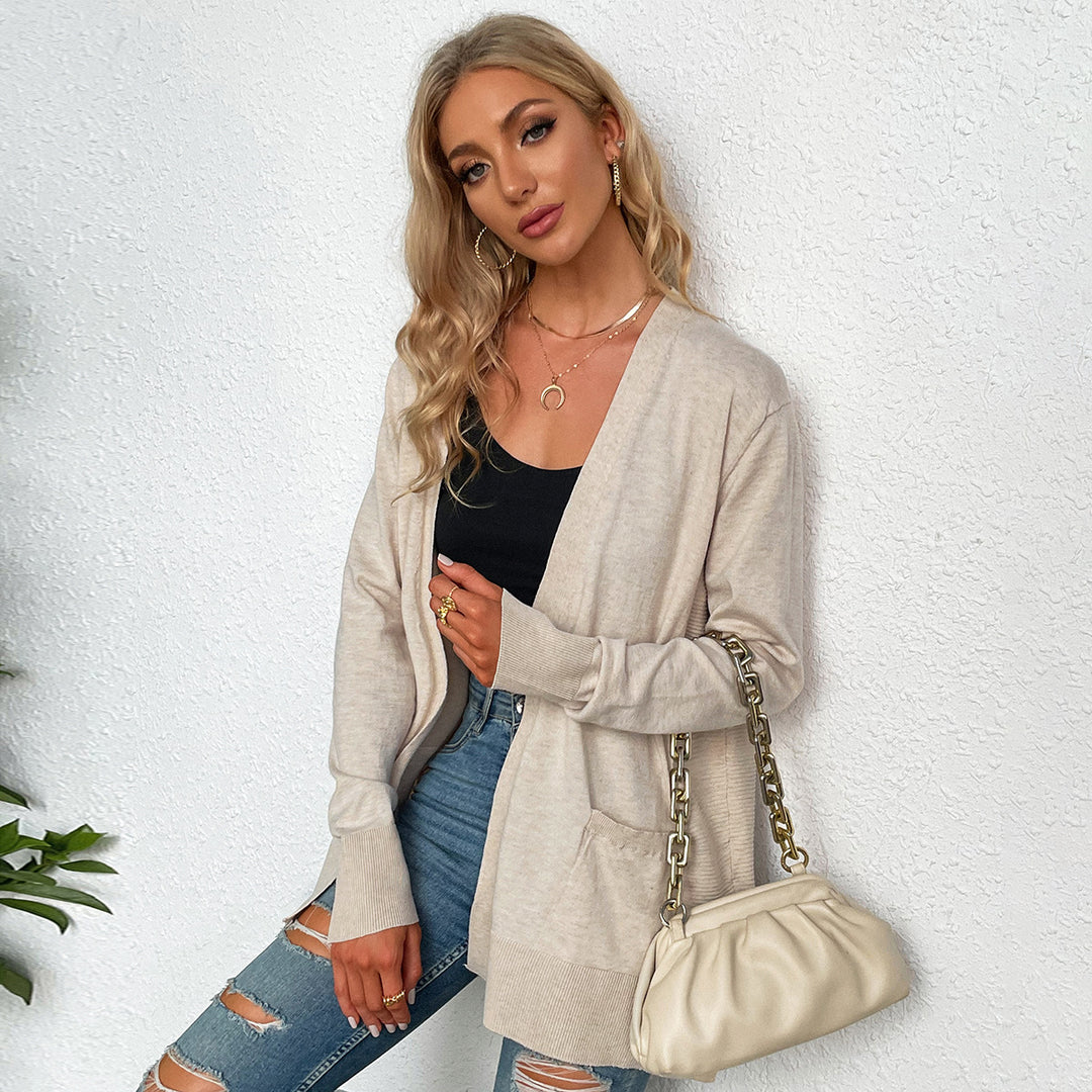 Damen lässiger Strickcardigan mit tiefem V-Ausschnitt und praktischen Taschen Drune
