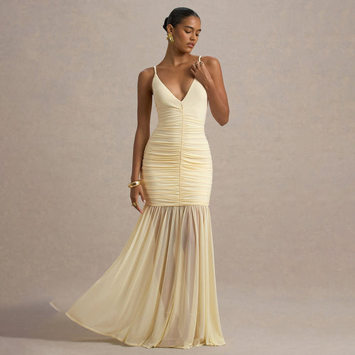 Damen Elegantes bodenlanges Kleid mit raffinierten Rüschendetails Drune