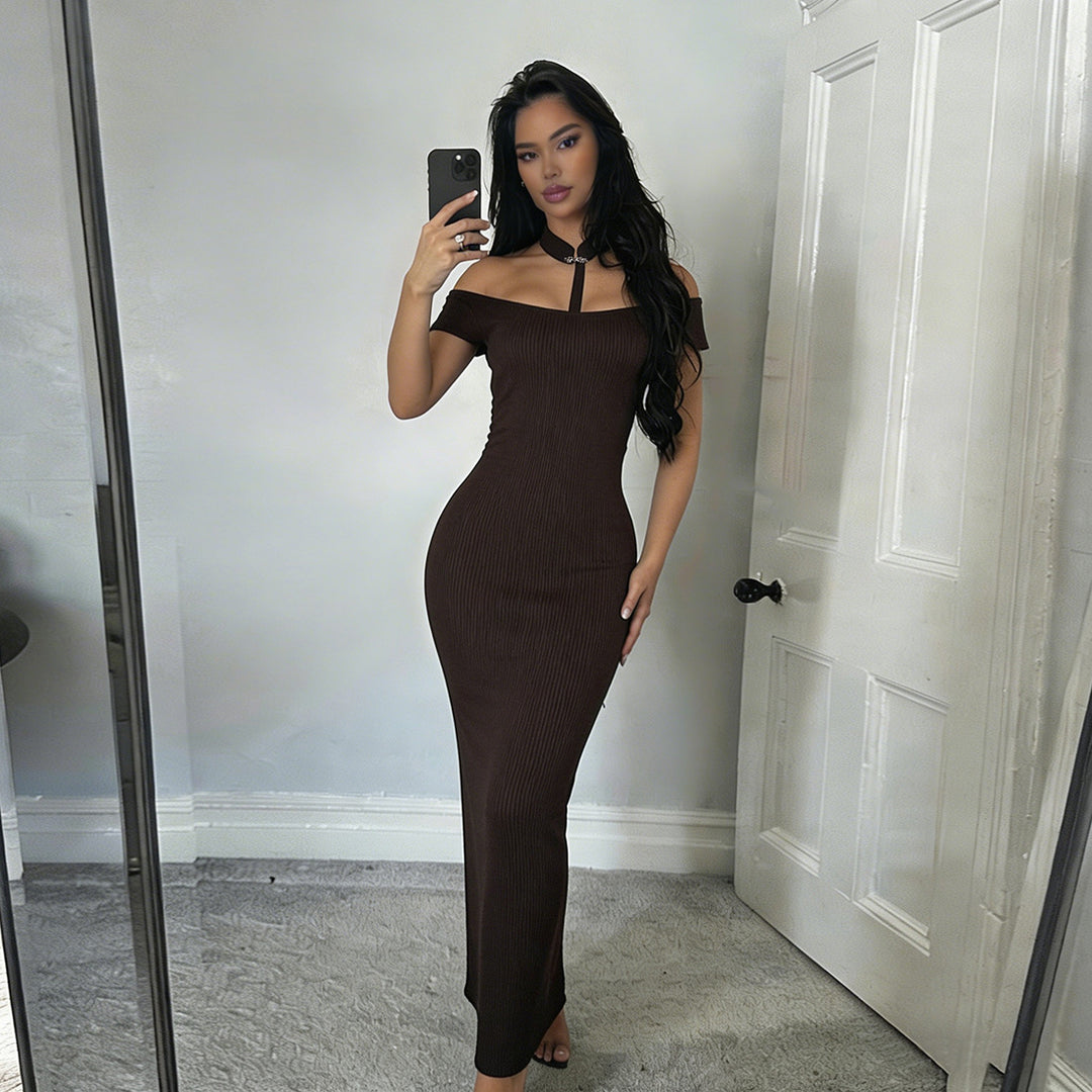 Damen Off-Shoulder Maxikleid mit elegantem Choker Drune