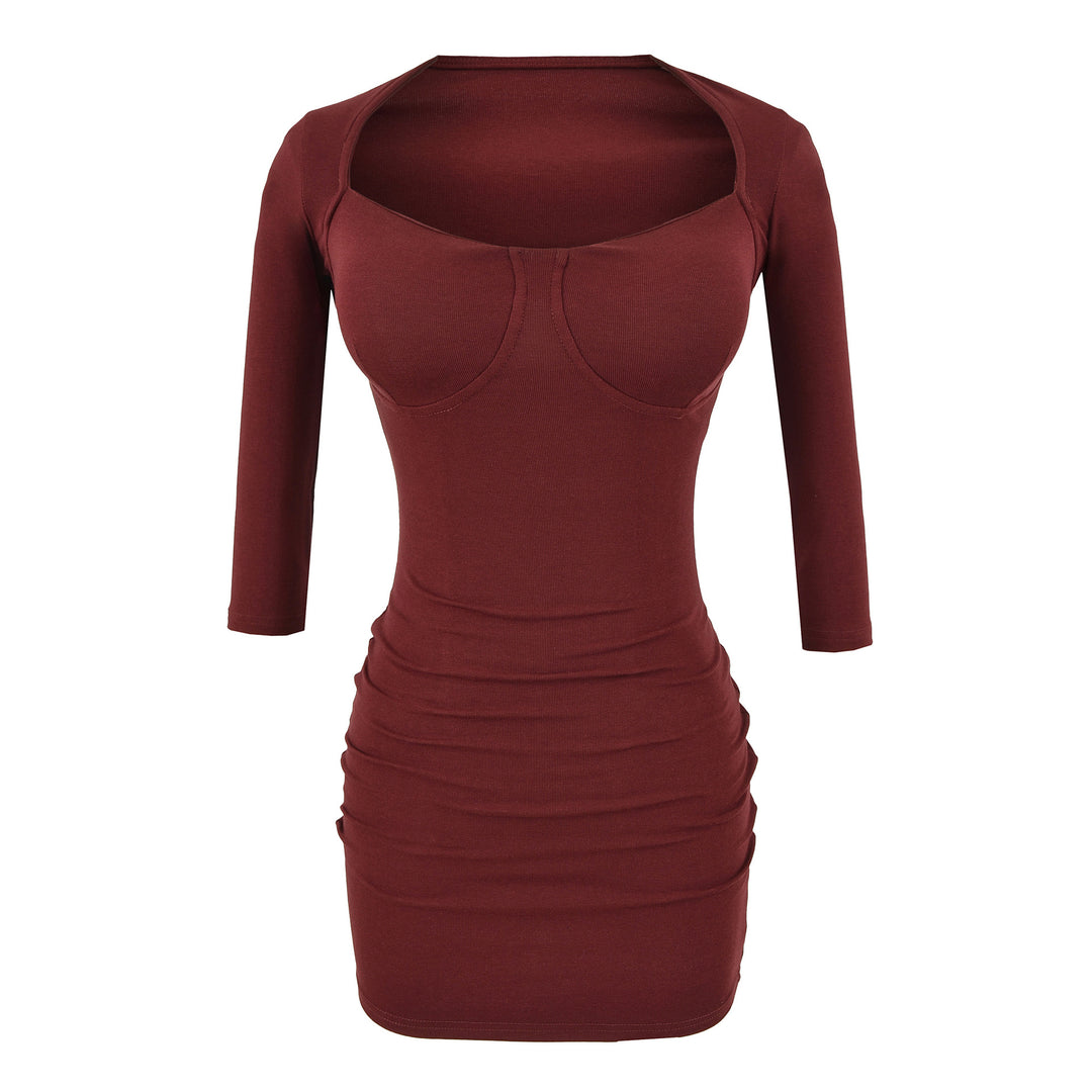 Damen Figurbetontes Midikleid mit eingenähten Cups, weitem Quadrat-Ausschnitt und Raffung Drune