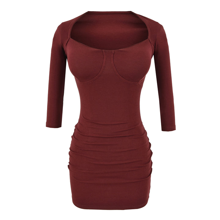 Damen Figurbetontes Midikleid mit eingenähten Cups, weitem Quadrat-Ausschnitt und Raffung Drune