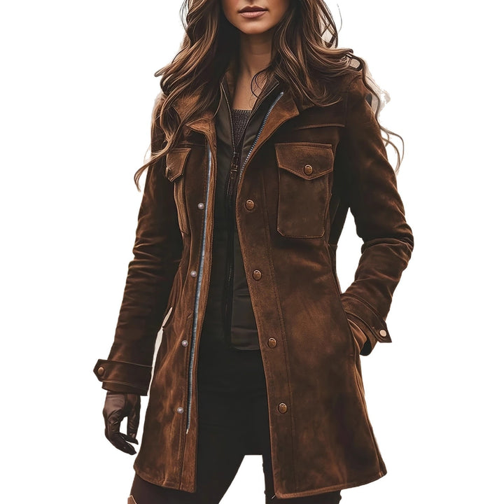 Damen Langjacke aus Veloursleder mit Utility-Taschen und verdecktem Reißverschluss Drune