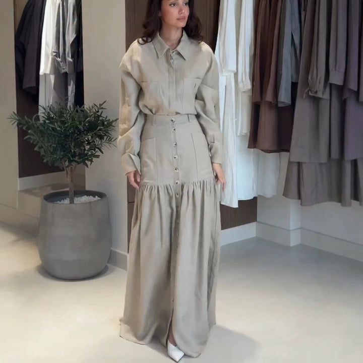 Damen Zweiteiliges Oversize-Hemd und Maxirock-Set mit hoher Taille & durchgehender Knopfleiste Drune