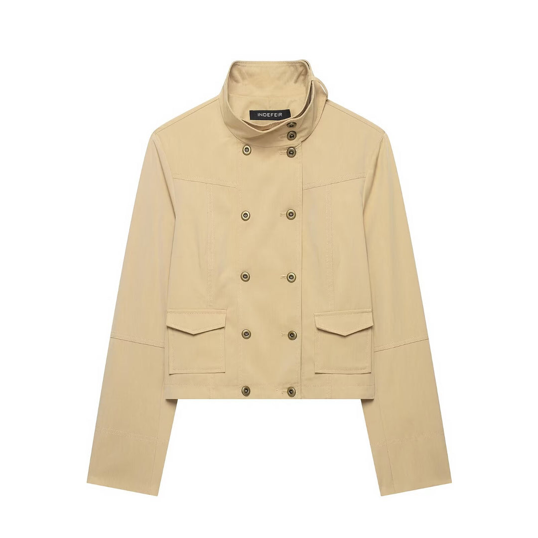 Damen Kurzer doppeltreihiger Utility-Blouson mit hohem Stehkragen und aufgesetzten Klappentaschen Drune