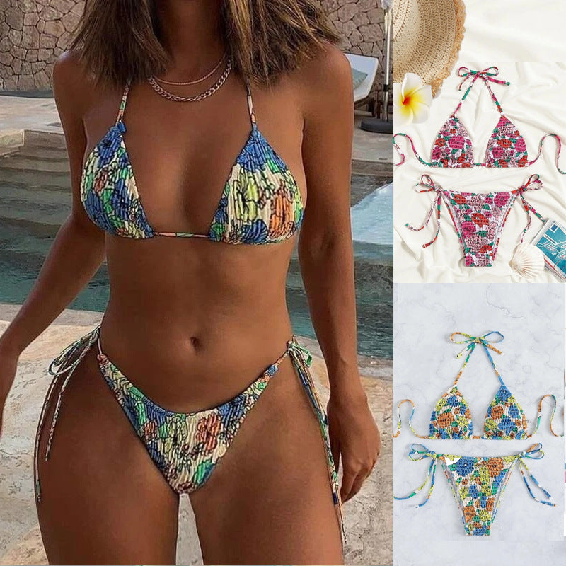 Damen Triangel-Bikini mit floralem Design und verstellbaren Bindebändern Drune