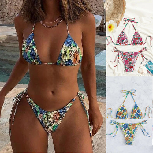 Damen Triangel-Bikini mit floralem Design und verstellbaren Bindebändern Drune