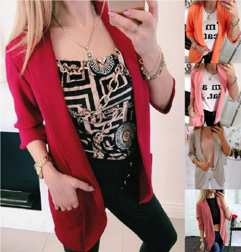 Damen Leichter Offener Cardigan-Blazer, dreiviertelärmelig mit Eingrifftaschen Drune