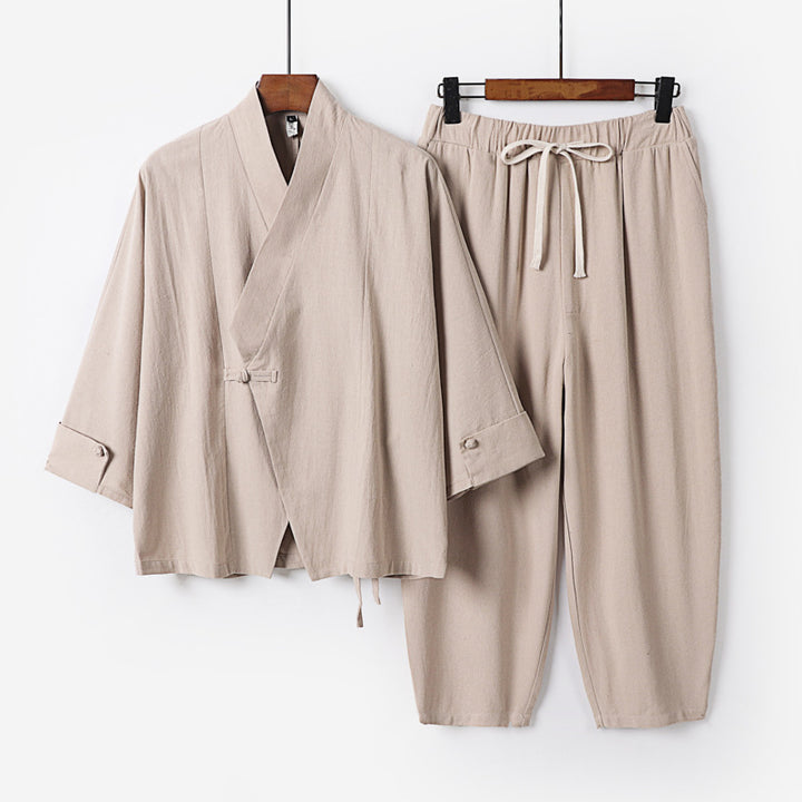 Herren Atmungsaktives Leinen-Baumwoll Lounge-Set mit asymmetrischem V-Kragen und elastischer Kordelhose Drune