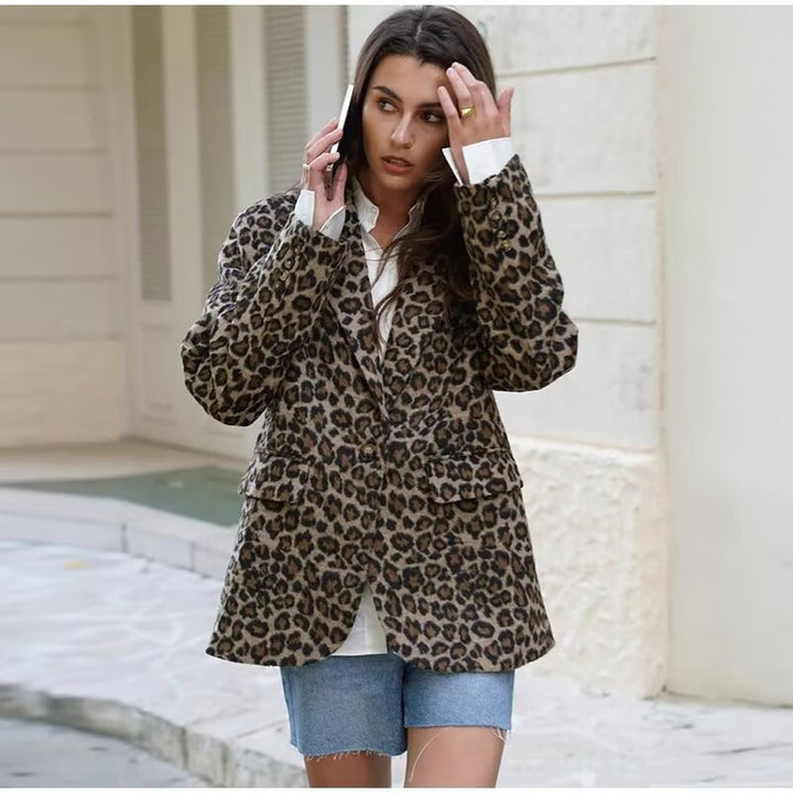 Damen Leopardenprint Bouclé-Blazer mit Reverskragen und aufgesetzten Pattentaschen Drune