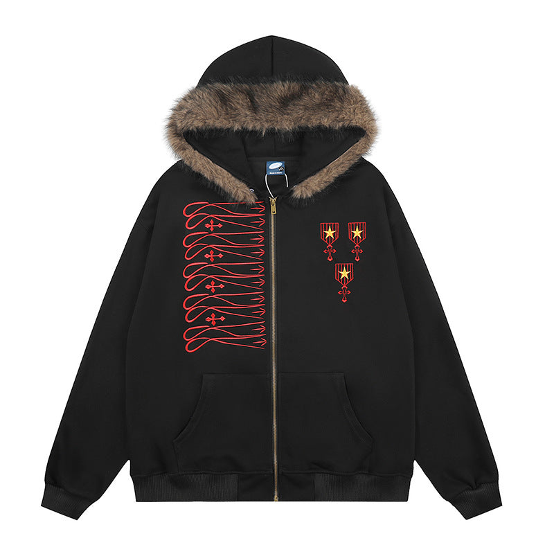 Unisex Kapuzen-Sweatjacke mit kunstfellbesetzter Kapuze, Reißverschluss und gestickten Abzeichen Drune