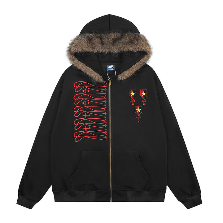 Unisex Kapuzen-Sweatjacke mit kunstfellbesetzter Kapuze, Reißverschluss und gestickten Abzeichen Drune