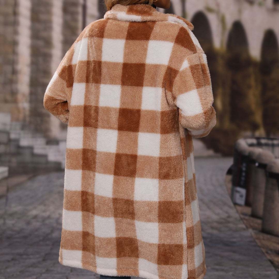 Damen Plüsch-Winterjacke mit kariertem Design und praktischen Taschen Drune