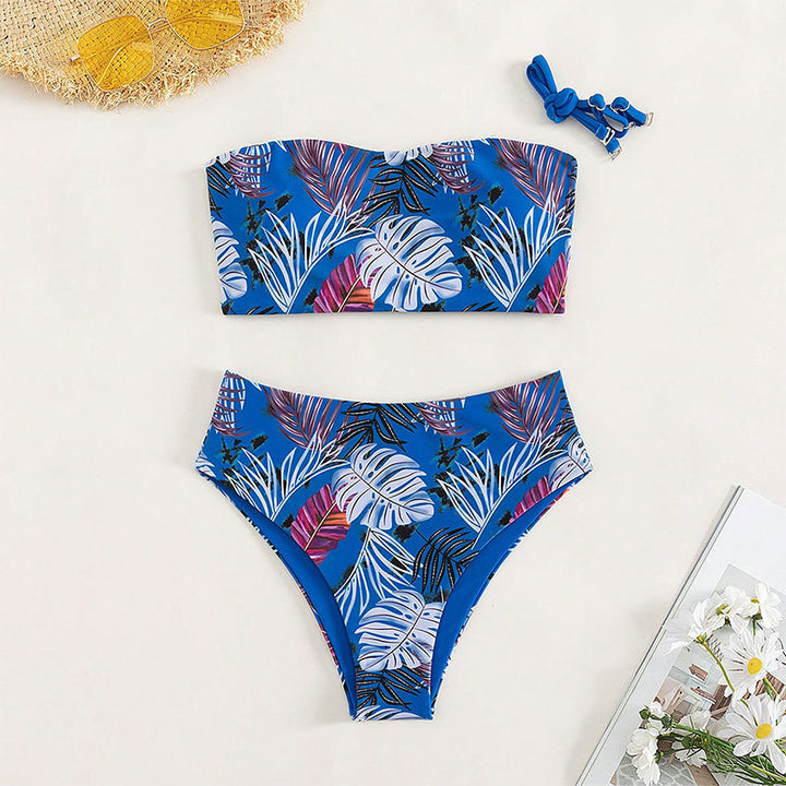 Damen Bandeau-Bikini mit lebhaftem Tropenmuster und hohem Taillenschnitt Drune