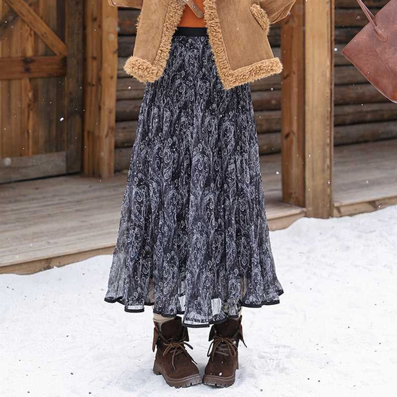 Damen nan voluminöser Chiffon-Tellerrock im Paisley-Motiv mit elastischem Taillenbund Drune